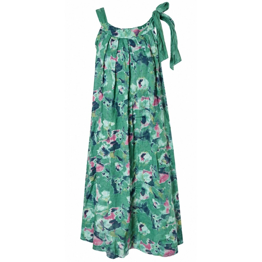 100% Linen Green Abstract Floral Tie Shoulder Midi Dress Artsy Made In Italy